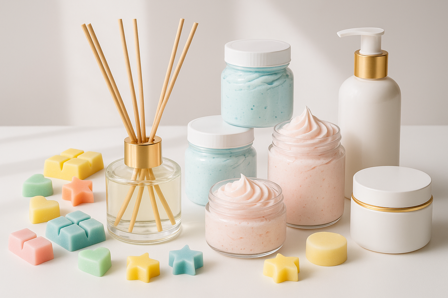 picture of wax melts, diffusers, whipped soaps and moisturisers
