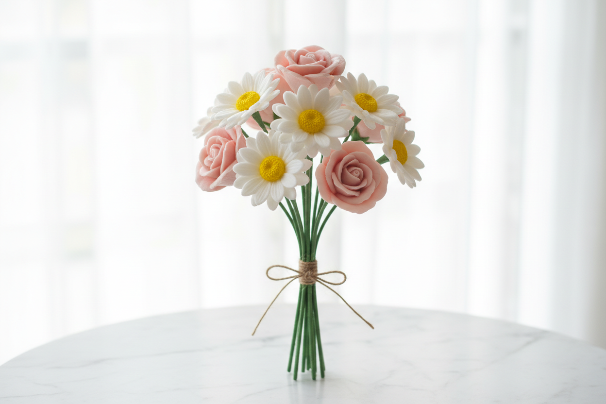 daisies and roses soap in a bouquet